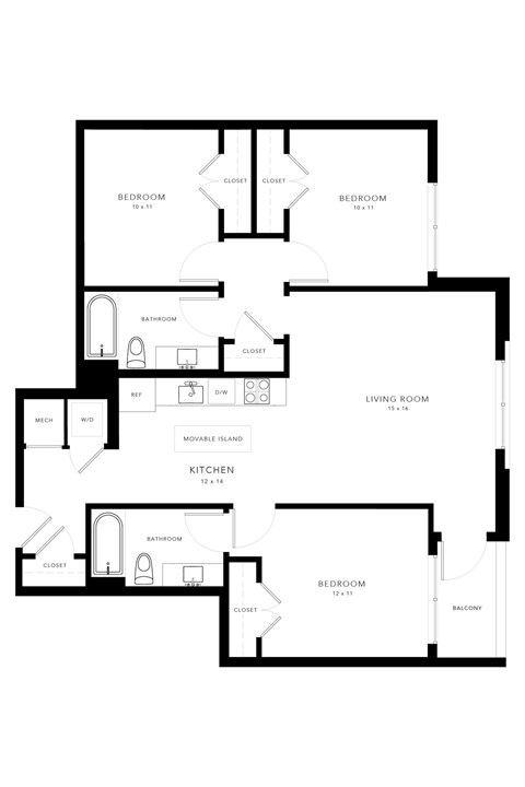Floor plan for 3 beds, 2 baths, 1067 sqft